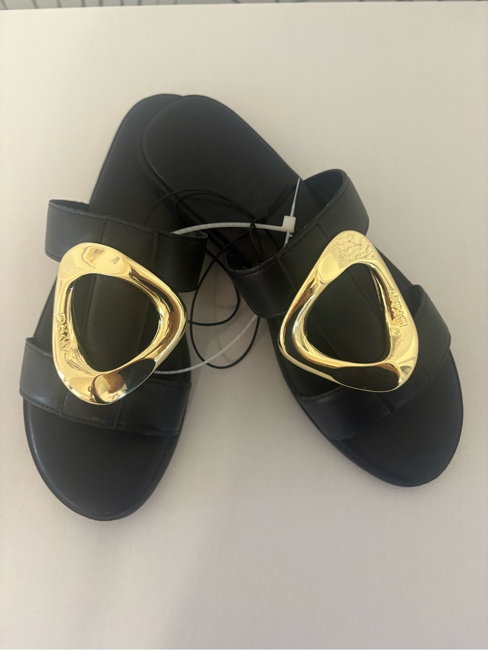 Dkny Black Slide Sandals with Gold Triangular Buckle